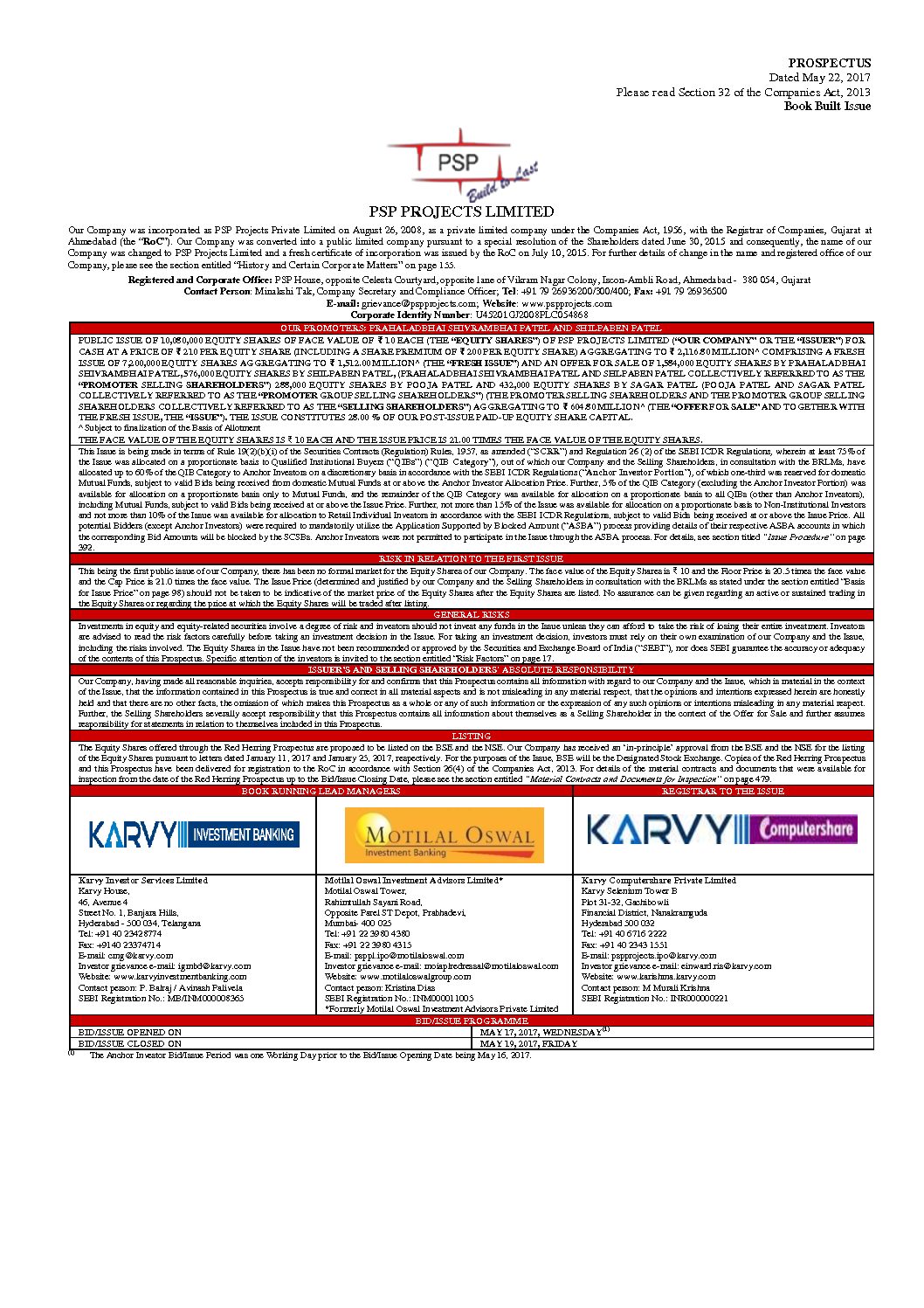 Prospectus 22.05.2017 - PSP Projects Limited